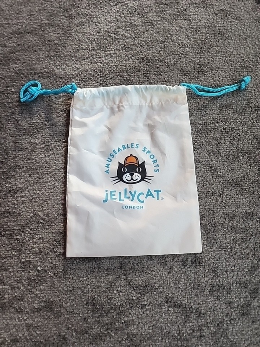 Jellycat White Drawstring Pouch with Turquoise Cord & Cat Logo